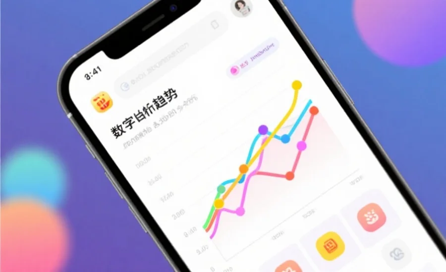 一张数字彩票趋势分析图表,带有彩色线条和数据点,背景为现代风格的移动应用界面